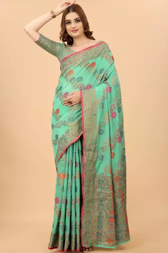 Korams Design Firozi Designer Cotton LInen Woven Saree With Blouse For Women