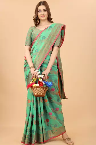 Korams Design Firozi Designer Cotton LInen Woven Saree With Blouse For Women