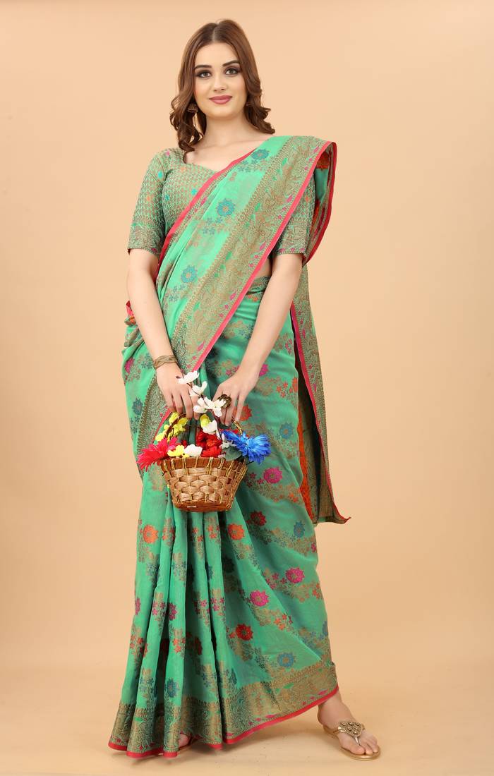 Korams Design Firozi Designer Cotton LInen Woven Saree With Blouse For Women