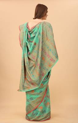Korams Design Firozi Designer Cotton LInen Woven Saree With Blouse For Women 4