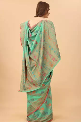 Korams Design Firozi Designer Cotton LInen Woven Saree With Blouse For Women
