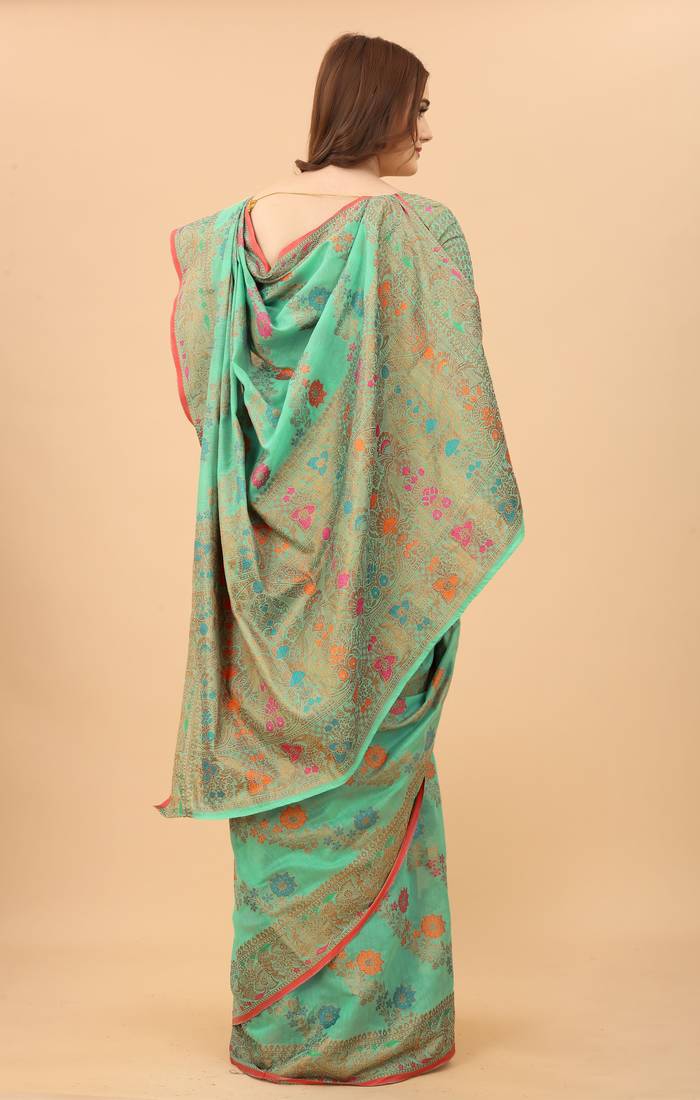 Korams Design Firozi Designer Cotton LInen Woven Saree With Blouse For Women