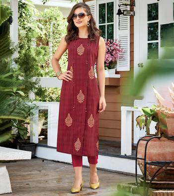 Designer Poly Georgette Maroon color Straight Cut Kurti With Block Printed Kurti 1