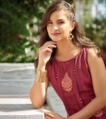 Designer Poly Georgette Maroon color Straight Cut Kurti With Block Printed Kurti 2