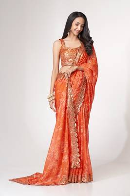 Women'S Orange Organza Saree For Weddings 1