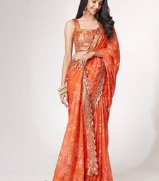 Women'S Orange Organza Saree For Weddings