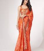 Women'S Orange Organza Saree For Weddings