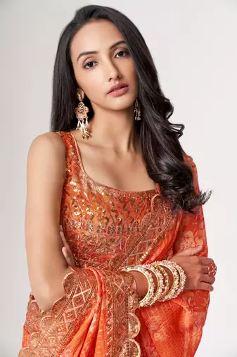 Women'S Orange Organza Saree For Weddings
