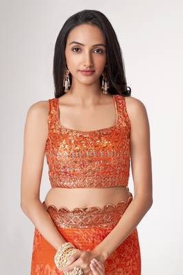 Women'S Orange Organza Saree For Weddings 3
