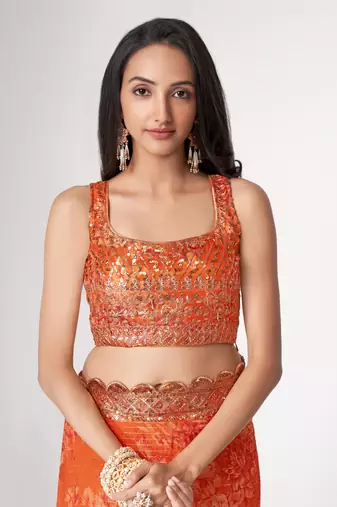 Women'S Orange Organza Saree For Weddings
