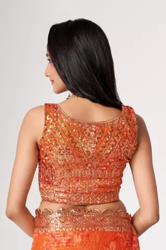 Women'S Orange Organza Saree For Weddings