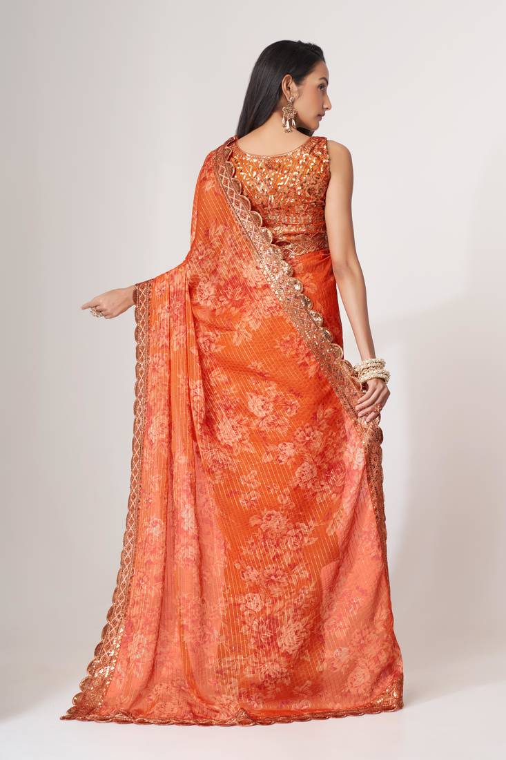 Women'S Orange Organza Saree For Weddings