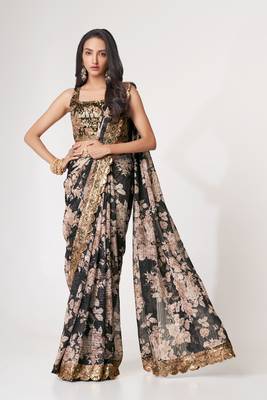 Black Sequins Embroidery On Digital Printed Organza Wedding Saree 1