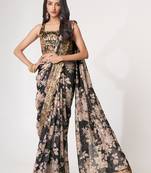 Black Sequins Embroidery On Digital Printed Organza Wedding Saree