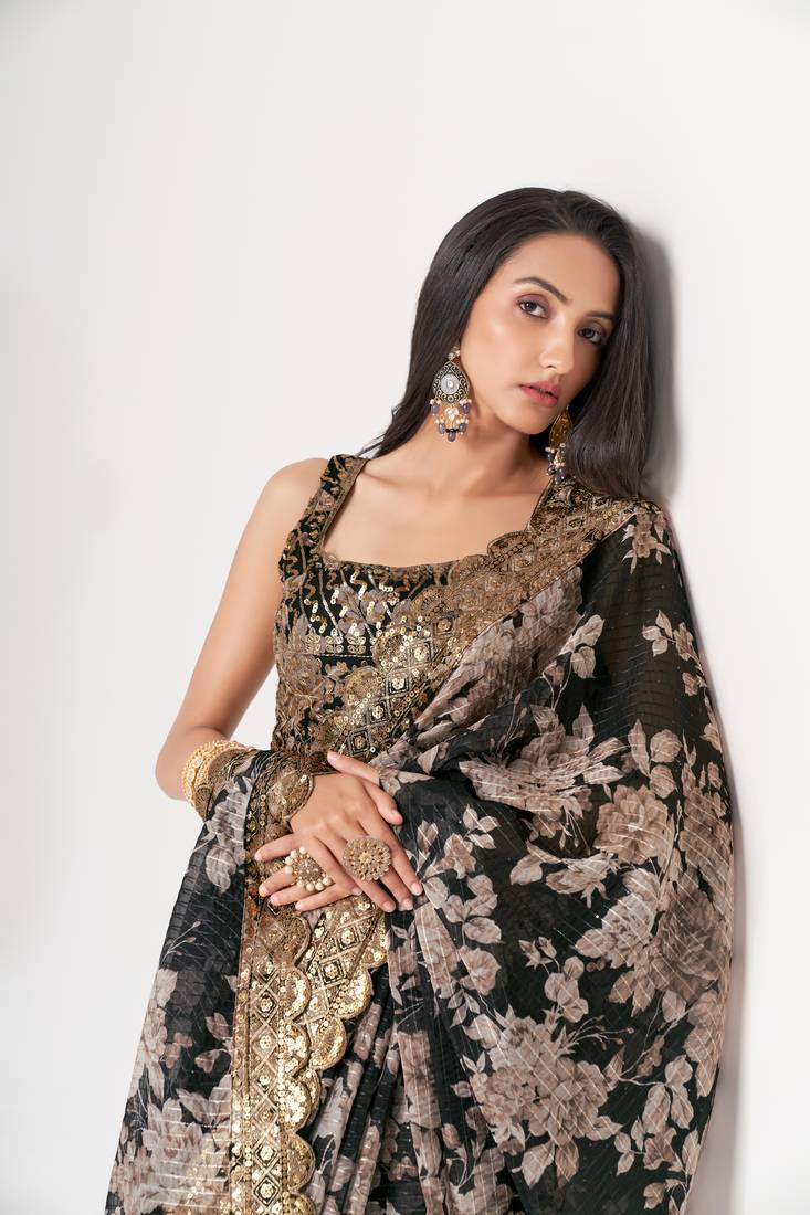Black Sequins Embroidery On Digital Printed Organza Wedding Saree
