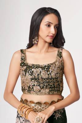 Black Sequins Embroidery On Digital Printed Organza Wedding Saree 3