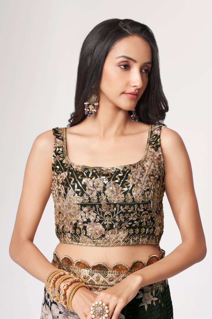 Black Sequins Embroidery On Digital Printed Organza Wedding Saree