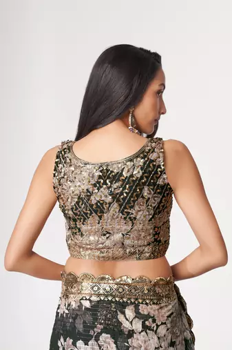 Black Sequins Embroidery On Digital Printed Organza Wedding Saree