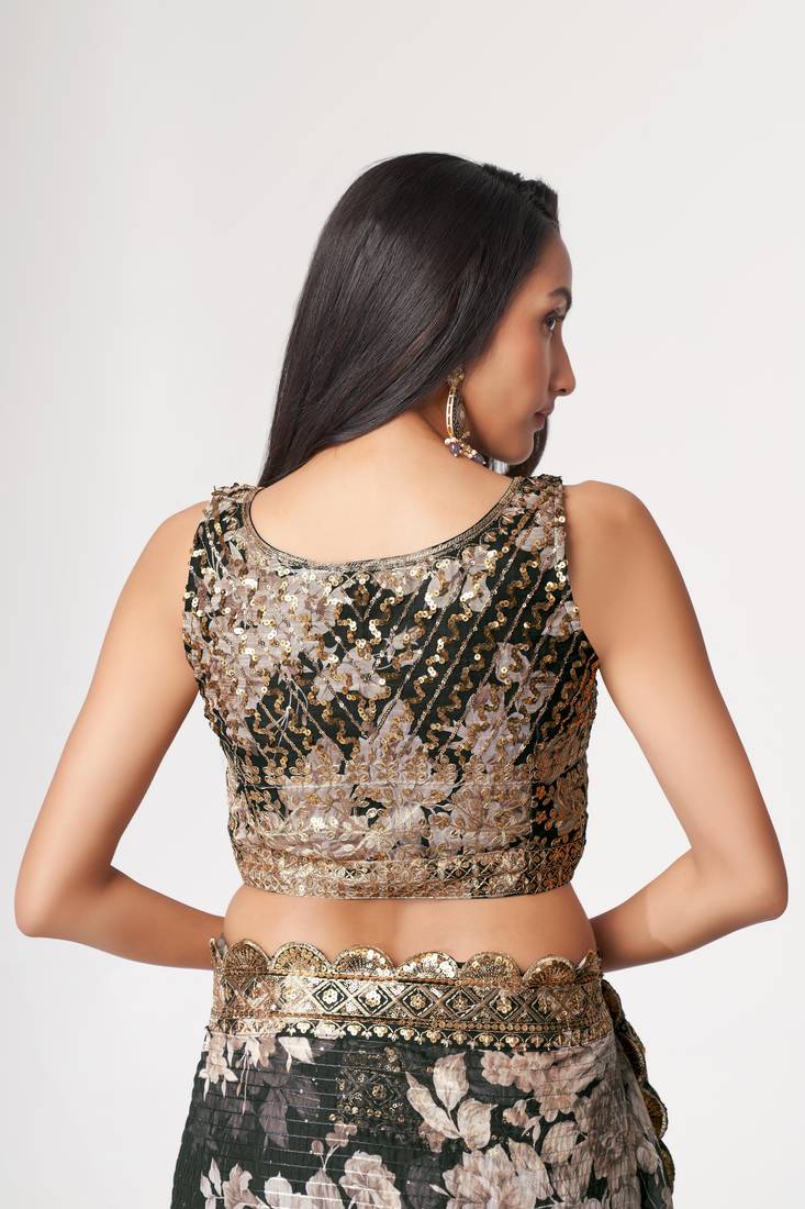 Black Sequins Embroidery On Digital Printed Organza Wedding Saree