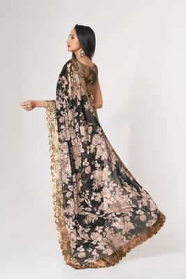 Black Sequins Embroidery On Digital Printed Organza Wedding Saree 5