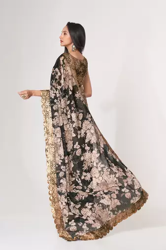 Black Sequins Embroidery On Digital Printed Organza Wedding Saree