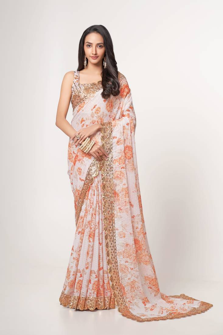 Soft Ivory-white features lavish gold sequin, thread embroidered with floral printed Organza Indian Traditional Saree