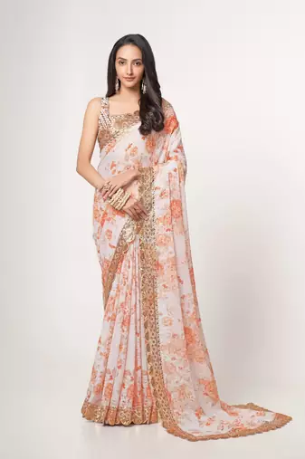 Soft Ivory-white features lavish gold sequin, thread embroidered with floral printed Organza Indian Traditional Saree