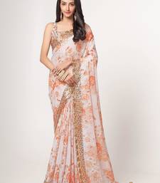 Soft Ivory-white features lavish gold sequin, thread embroidered with floral printed Organza Indian Traditional Saree