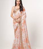 Soft Ivory-white features lavish gold sequin, thread embroidered with floral printed Organza Indian Traditional Saree