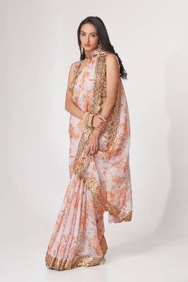 White Sequins Embroidery On Digital Printed Organza Saree 1