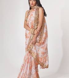 White Sequins Embroidery On Digital Printed Organza Saree