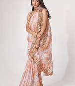 White Sequins Embroidery On Digital Printed Organza Indian Saree