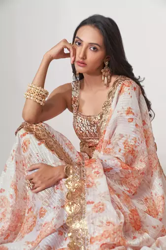 White Sequins Embroidery On Digital Printed Organza Indian Saree