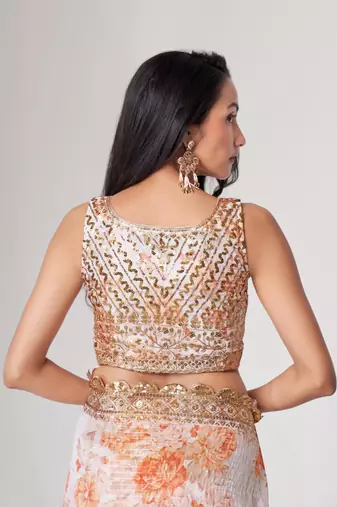 White Sequins Embroidery On Digital Printed Organza Indian Saree