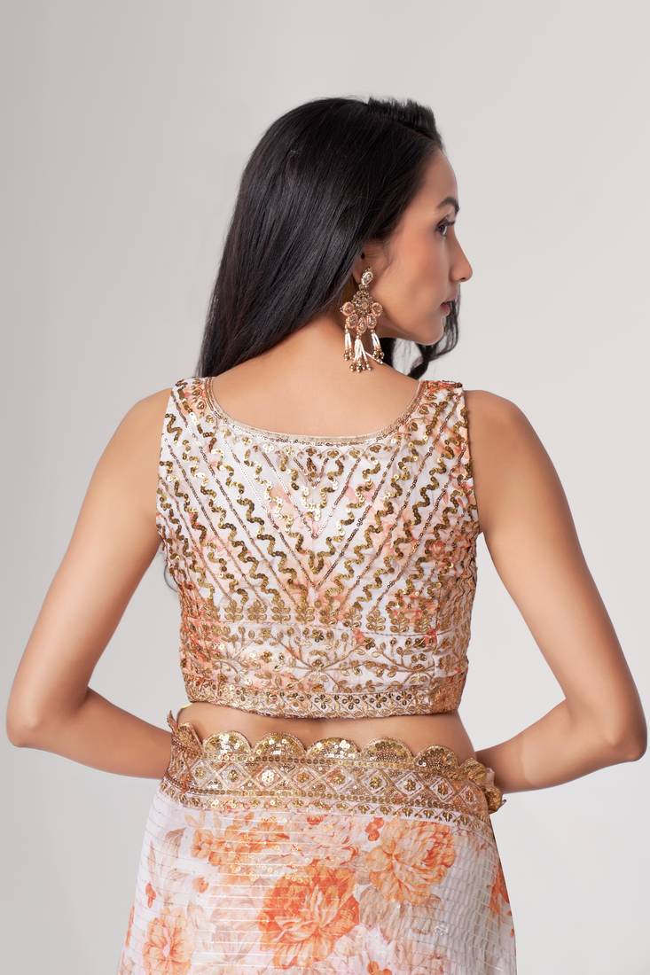 White Sequins Embroidery On Digital Printed Organza Indian Saree