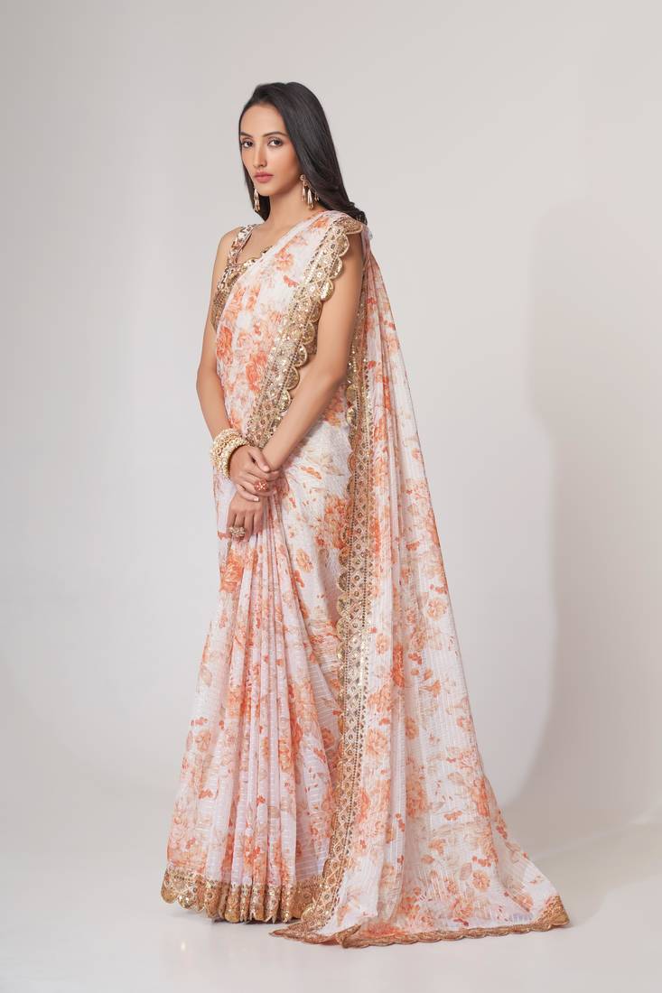 White Sequins Embroidery On Digital Printed Organza Indian Saree