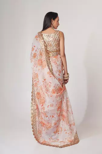 White Sequins Embroidery On Digital Printed Organza Indian Saree