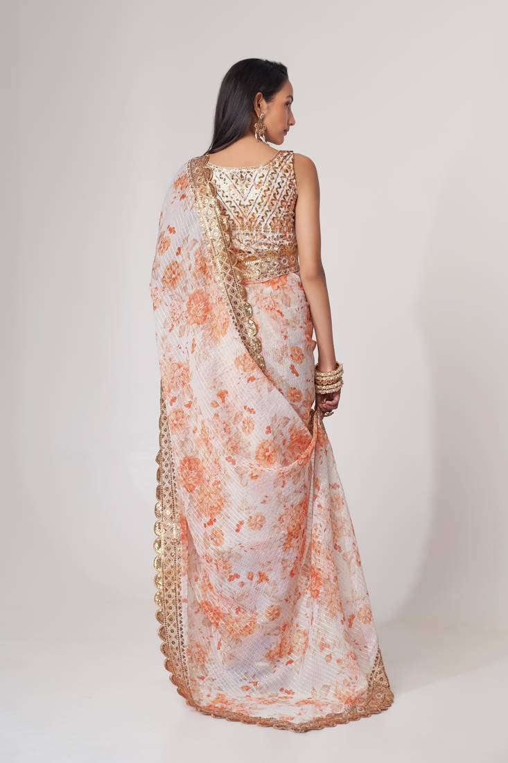 White Sequins Embroidery On Digital Printed Organza Indian Saree