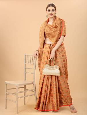 Peach Designer Cotton LInen Woven Saree With Blouse For Women 1