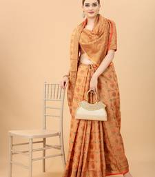 Peach Designer Cotton LInen Woven Saree With Blouse For Women