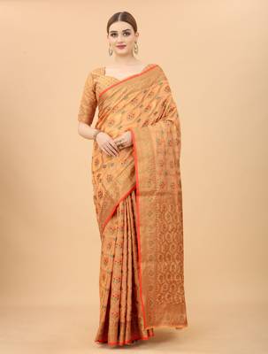 Peach Designer Cotton LInen Woven Saree With Blouse For Women 2