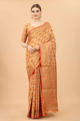 Peach Designer Cotton LInen Woven Saree With Blouse For Women