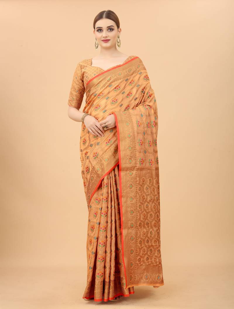 Korams Design Peach Designer Cotton LInen Woven Saree With Blouse For Women