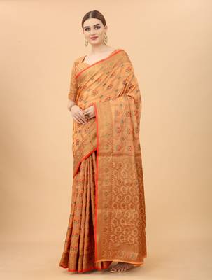 Peach Designer Cotton LInen Woven Saree With Blouse For Women 3