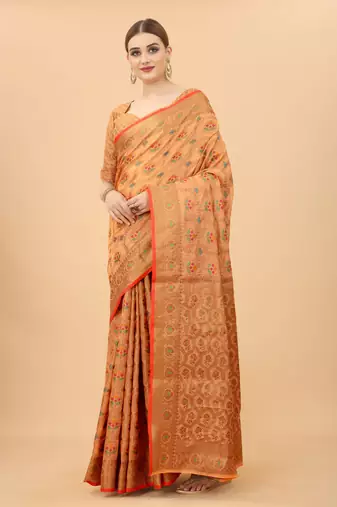 Peach Designer Cotton LInen Woven Saree With Blouse For Women