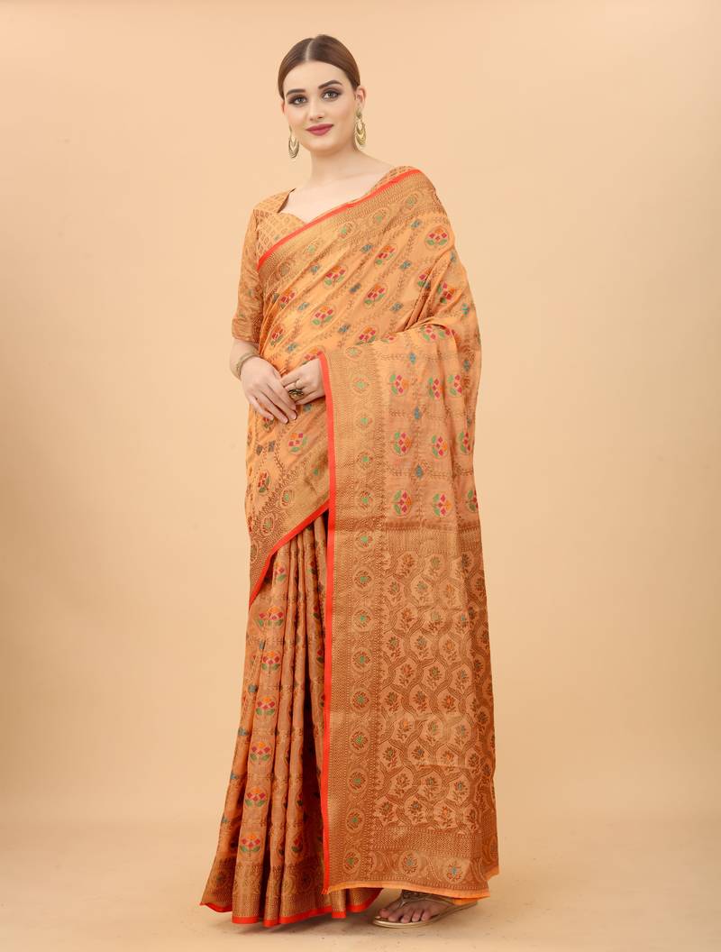 Korams Design Peach Designer Cotton LInen Woven Saree With Blouse For Women