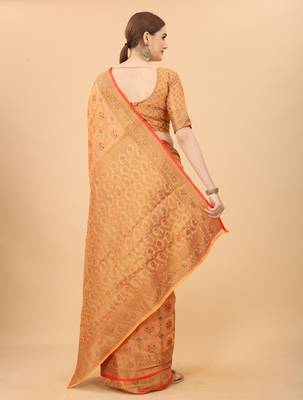 Peach Designer Cotton LInen Woven Saree With Blouse For Women 4