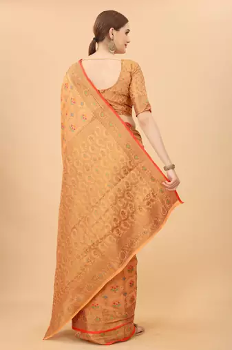 Peach Designer Cotton LInen Woven Saree With Blouse For Women