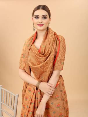 Peach Designer Cotton LInen Woven Saree With Blouse For Women 5