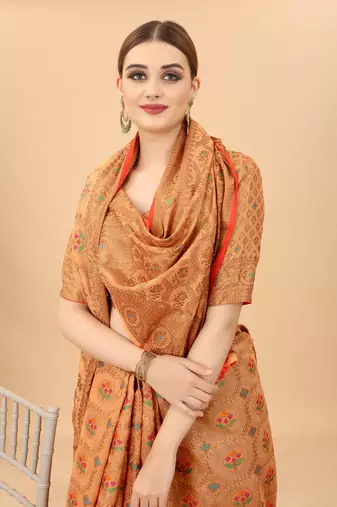 Peach Designer Cotton LInen Woven Saree With Blouse For Women